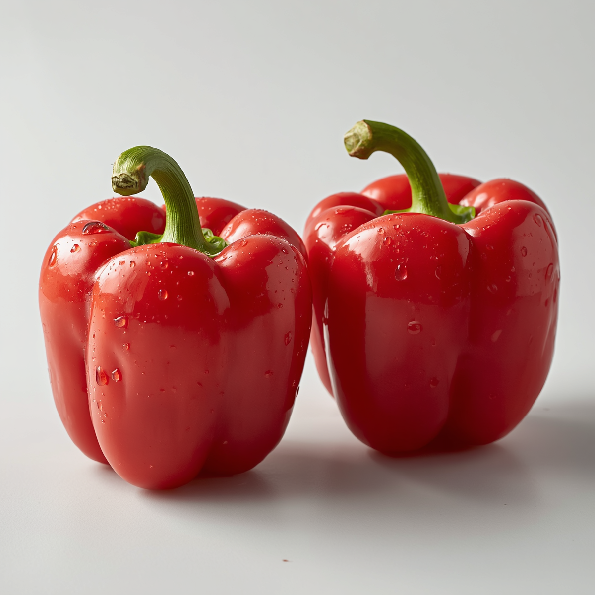 Two red bell peppers with green stems on a white background