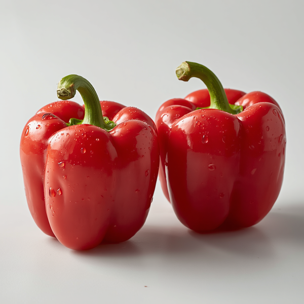 Two red bell peppers with green stems on a white background