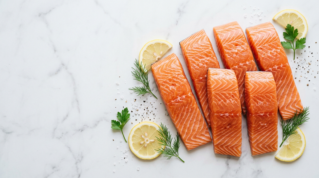 Raw salmon fillets with lemon slices and dill on a marble surface